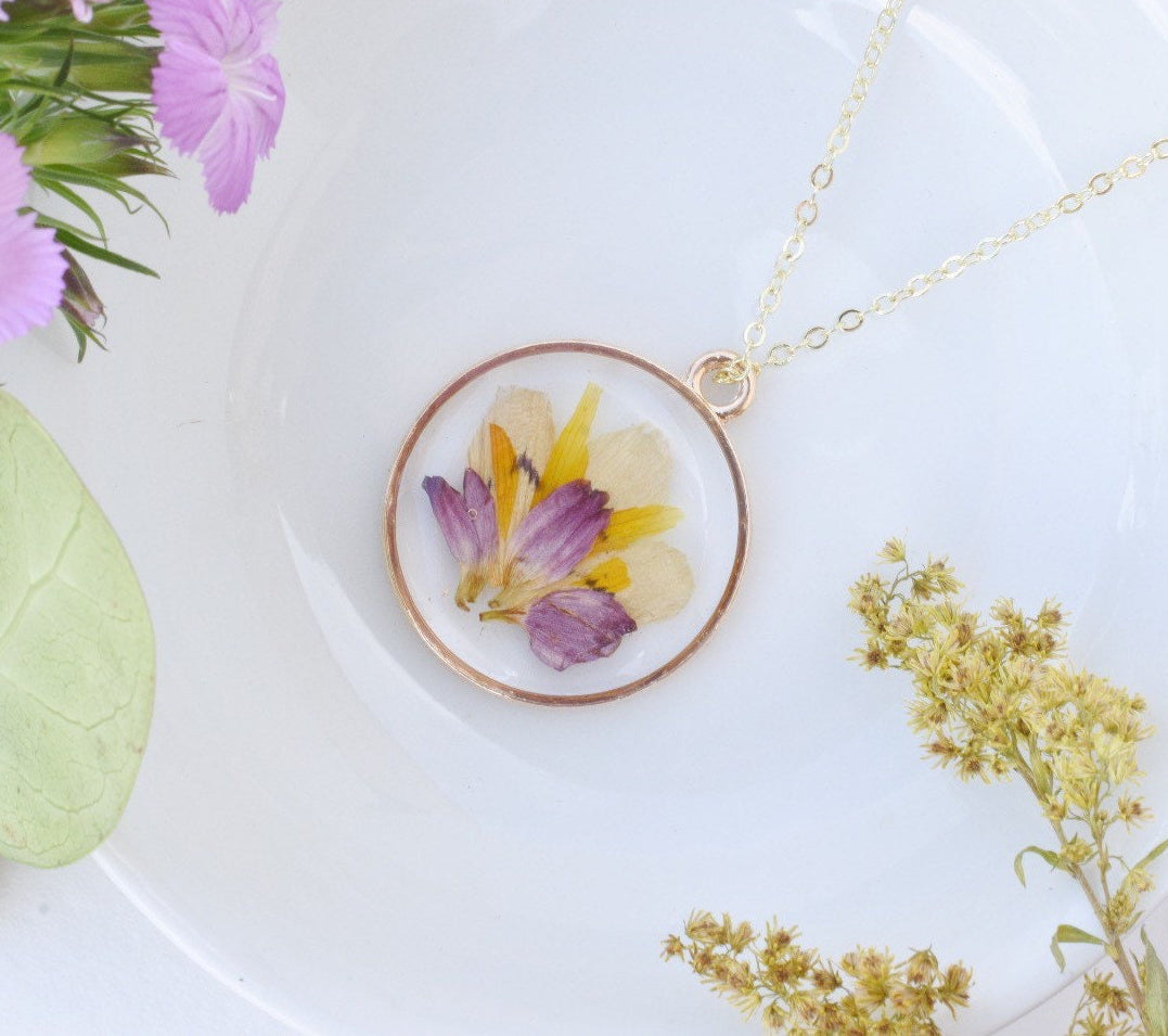 Custom Funeral Flower Resin Necklace: Handcrafted Small Gold Circle Pendant, Memorial Jewelry