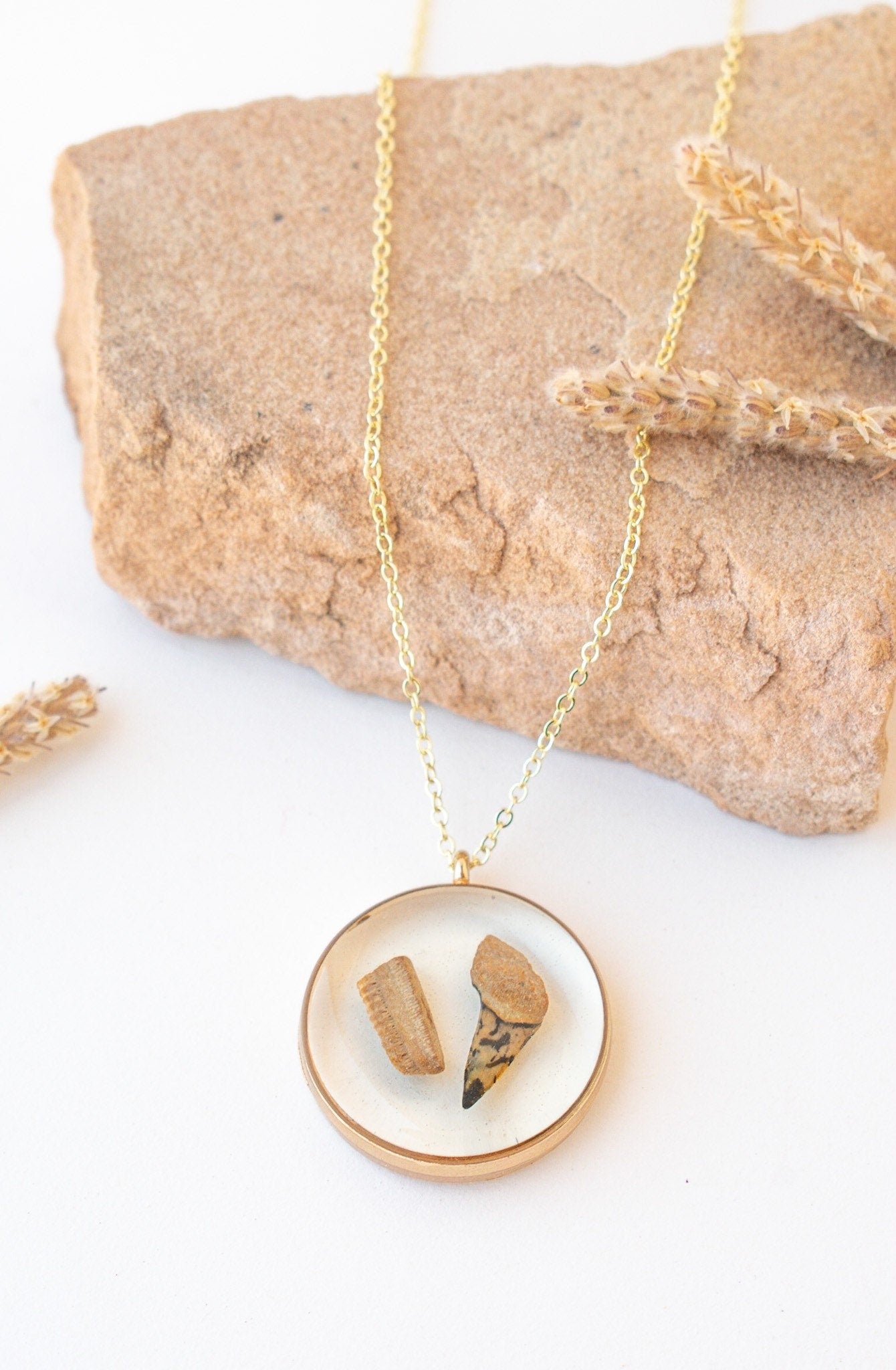 Custom Shark Tooth or Fossil Necklace – Handmade Resin Pendant with Bones or Fossils – Unique Memorial Jewelry Gift
