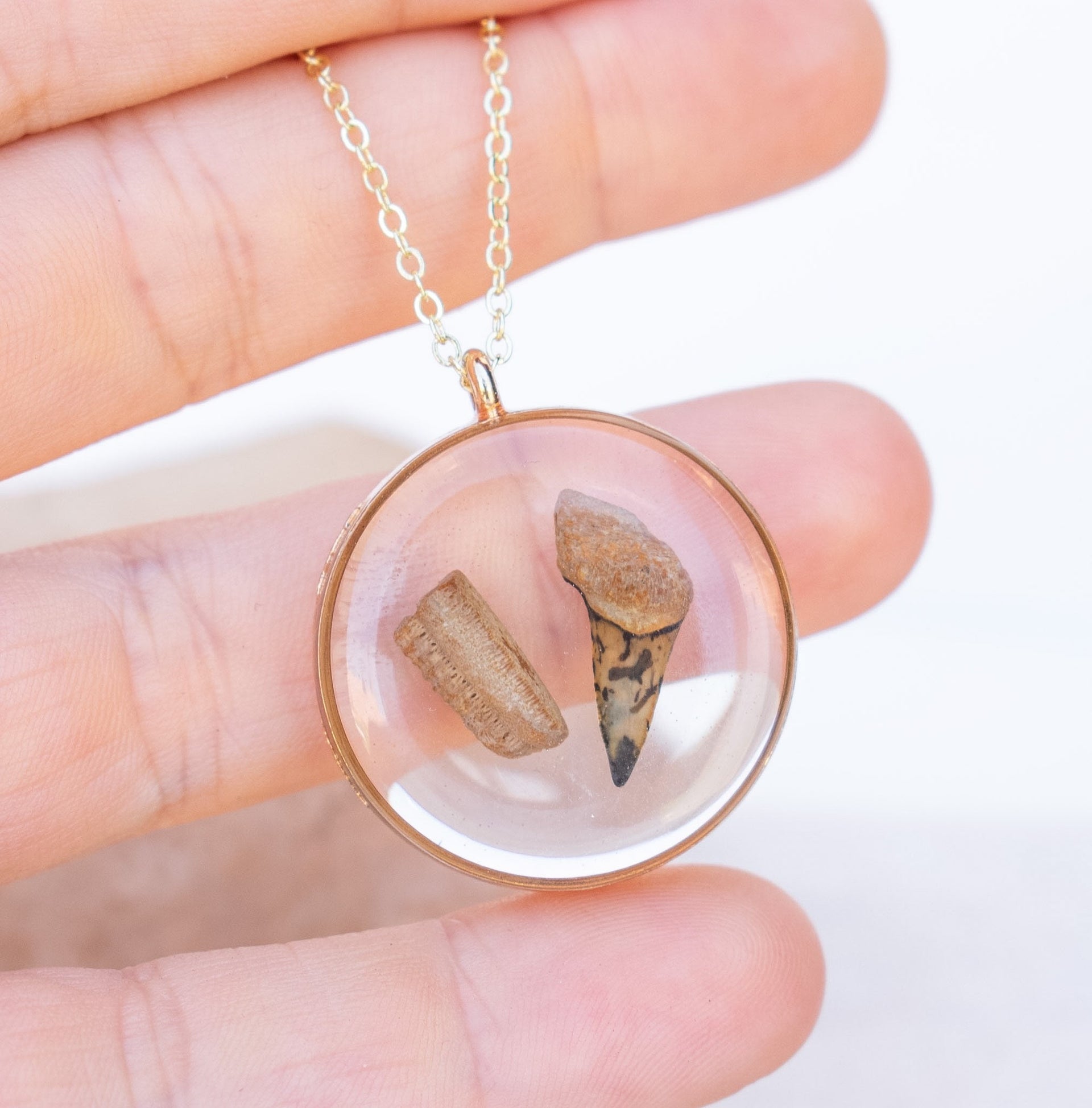 Custom Shark Tooth or Fossil Necklace – Handmade Resin Pendant with Bones or Fossils – Unique Memorial Jewelry Gift