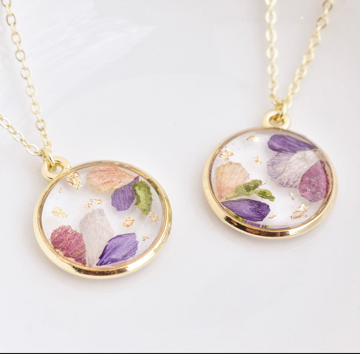 Pressed Flower Resin Medium Gold Necklace: Personalized Memorial Keepsake