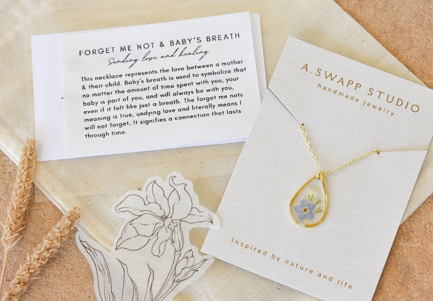 Miscarriage Gift for Mothers Forget Me Not Flower Necklace: Handmade Gold Teardrop Resin Pendant