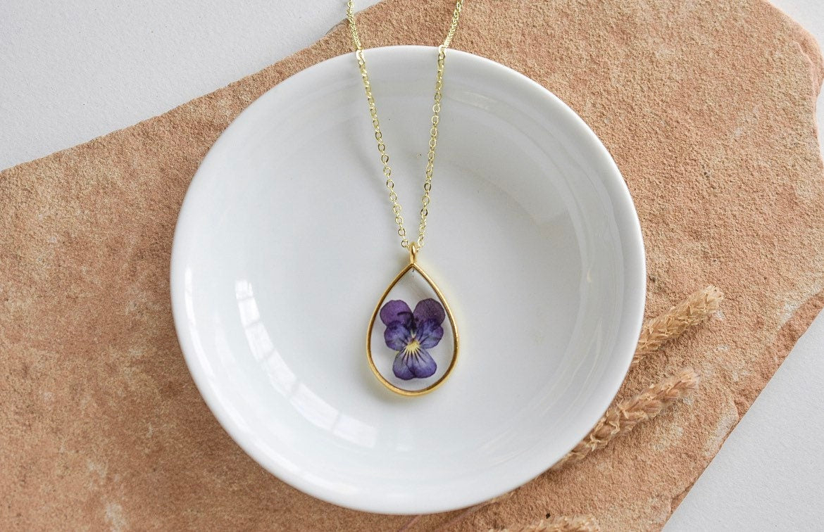 Violet Flower Resin Necklace: February Birth Month Pressed Flower Handmade Jewelry