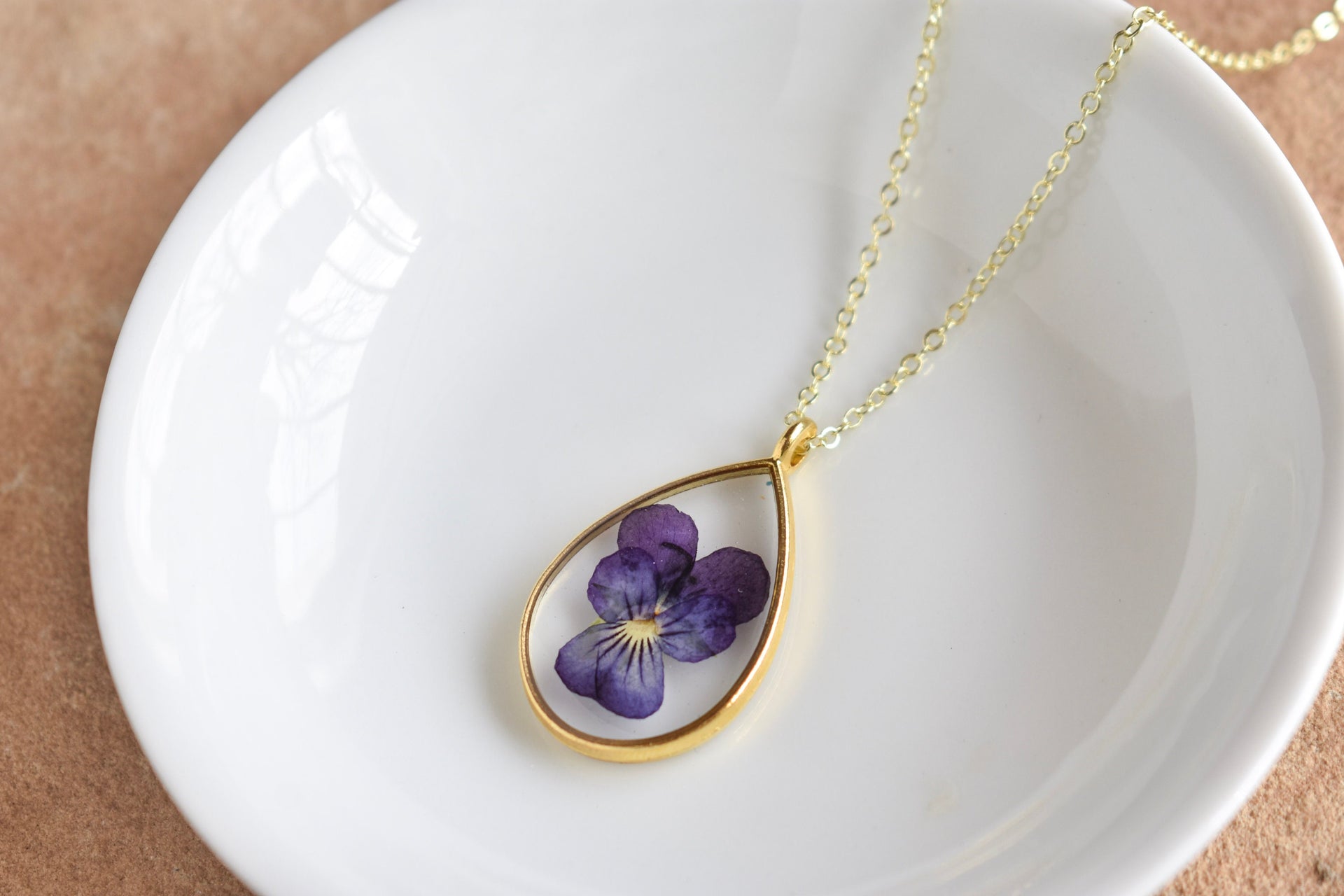 Violet Flower Resin Necklace: February Birth Month Pressed Flower Handmade Jewelry