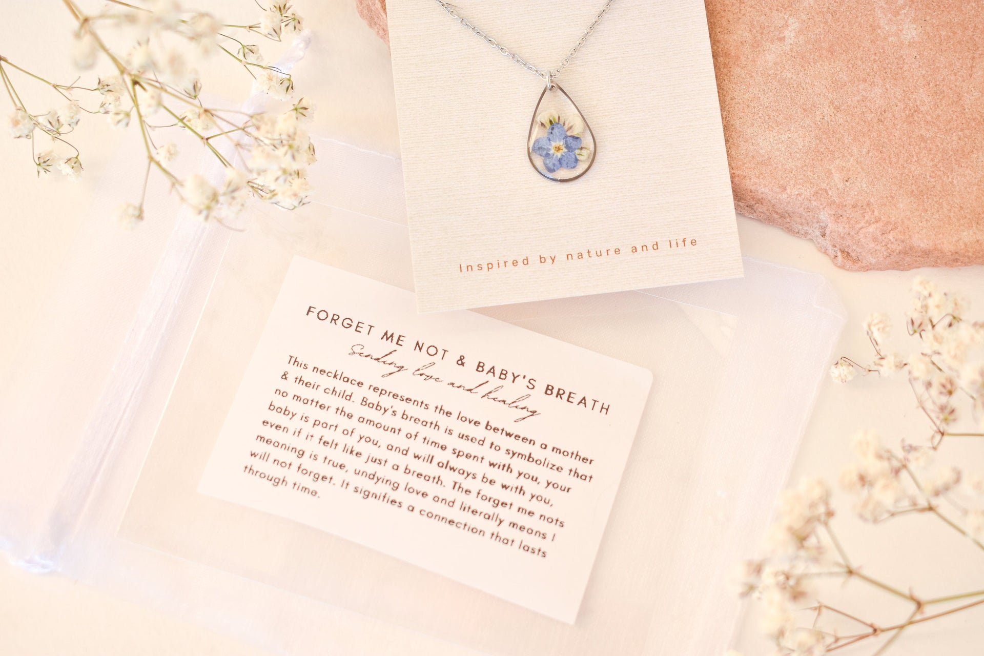 Miscarriage Gift for Mothers Forget Me Not Flower Necklace: Silver Teardrop Resin Pendant