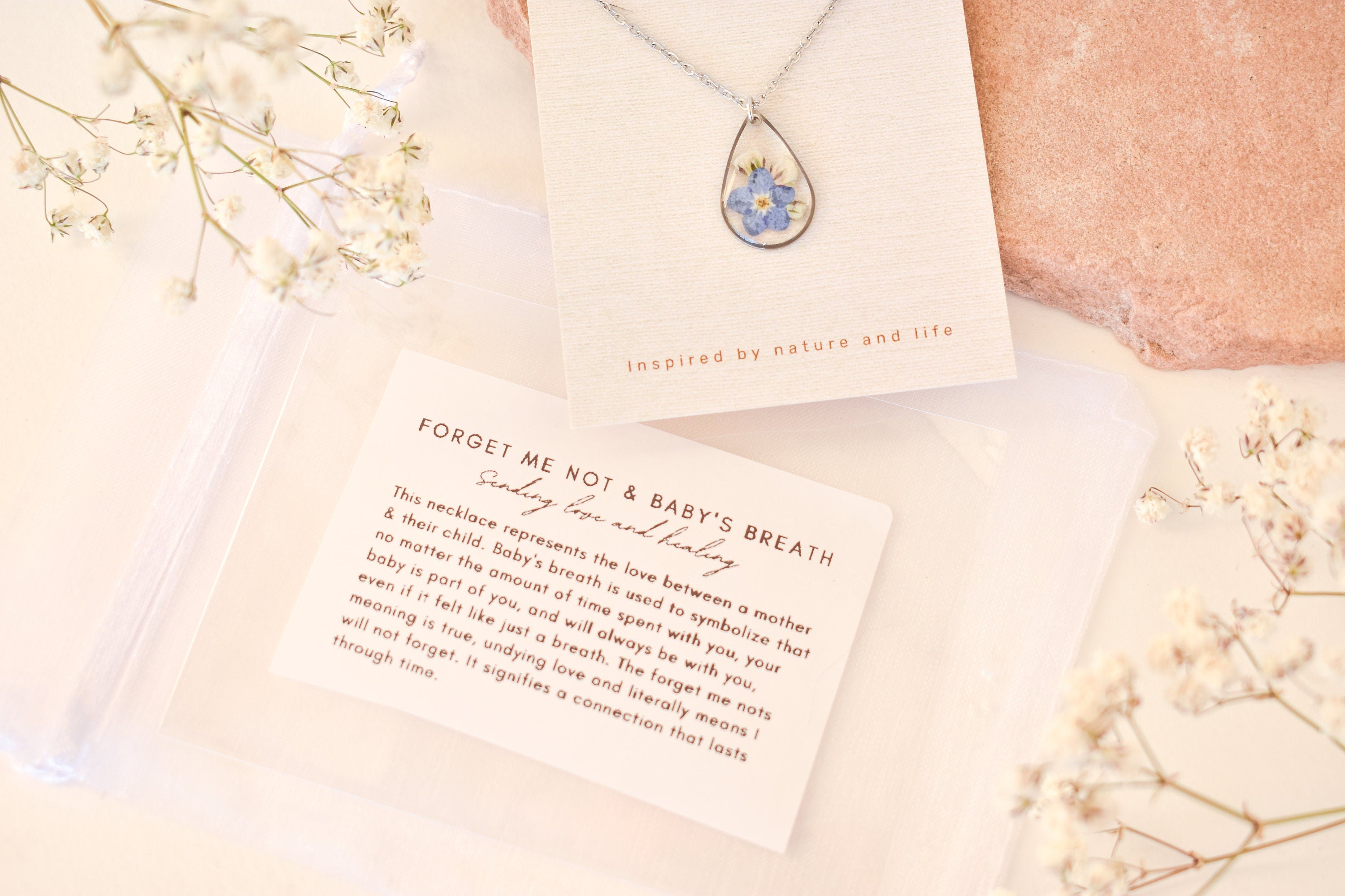 Miscarriage Gift for Mothers Forget Me Not Flower Necklace: Silver Teardrop Resin Pendant