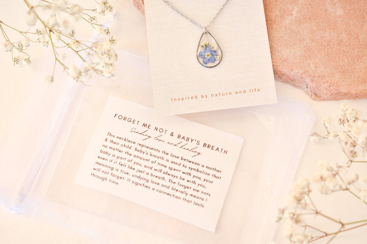 Miscarriage Gift for Mothers Forget Me Not Flower Necklace: Silver Teardrop Resin Pendant
