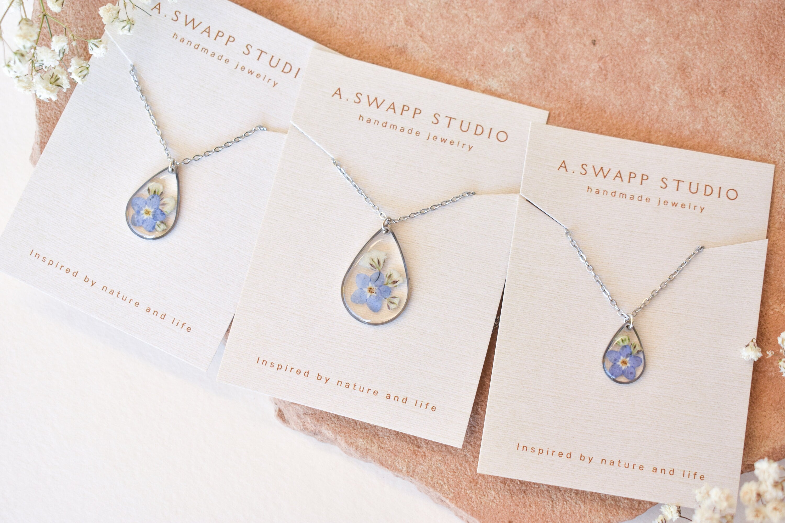 Miscarriage Gift for Mothers Forget Me Not Flower Necklace: Silver Teardrop Resin Pendant