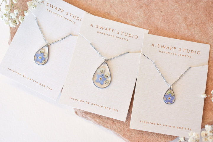 Miscarriage Gift for Mothers Forget Me Not Flower Necklace: Silver Teardrop Resin Pendant