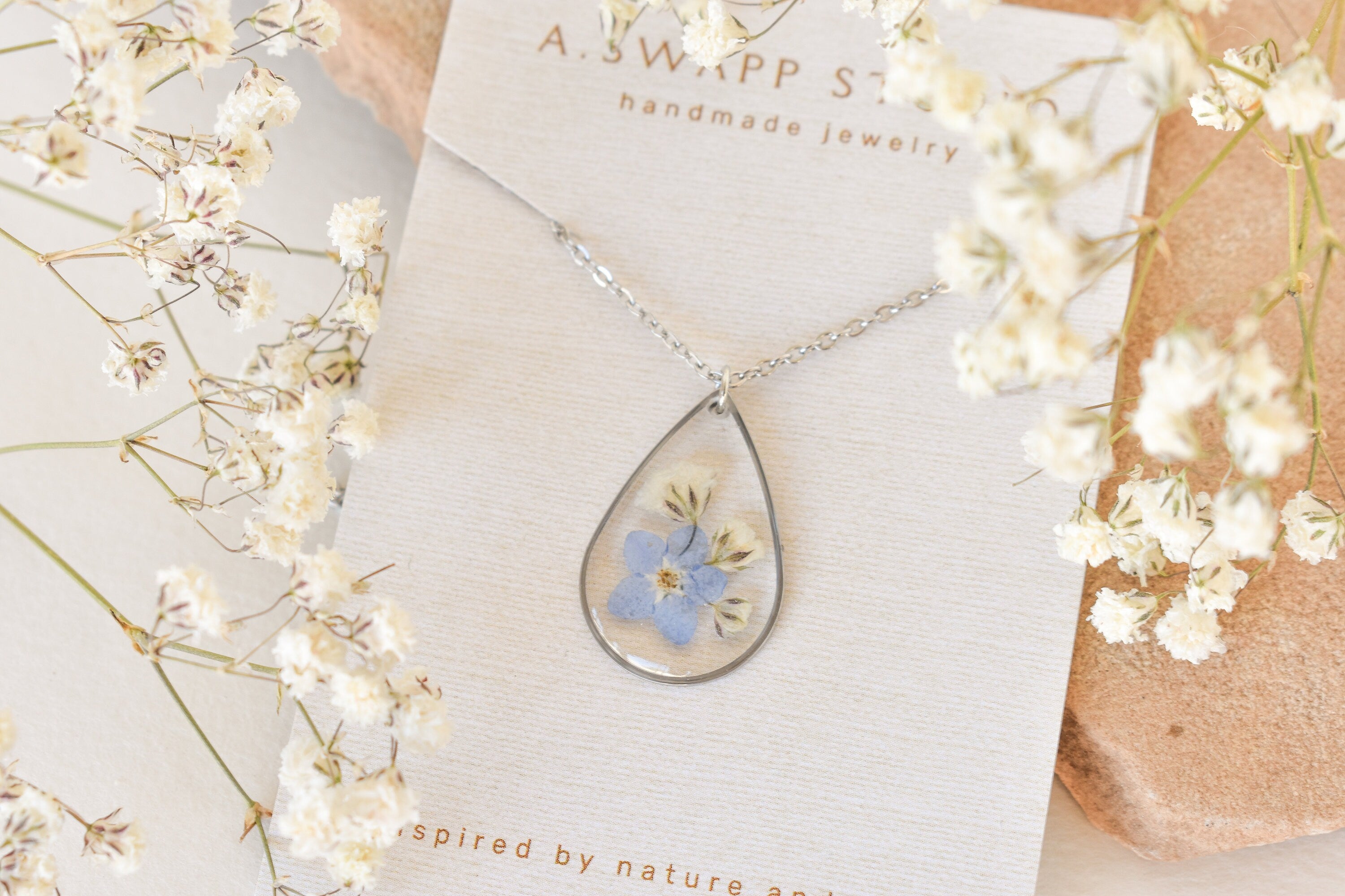 Miscarriage Gift for Mothers Forget Me Not Flower Necklace: Silver Teardrop Resin Pendant