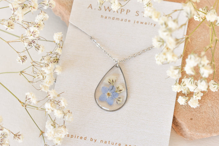 Miscarriage Gift for Mothers Forget Me Not Flower Necklace: Silver Teardrop Resin Pendant