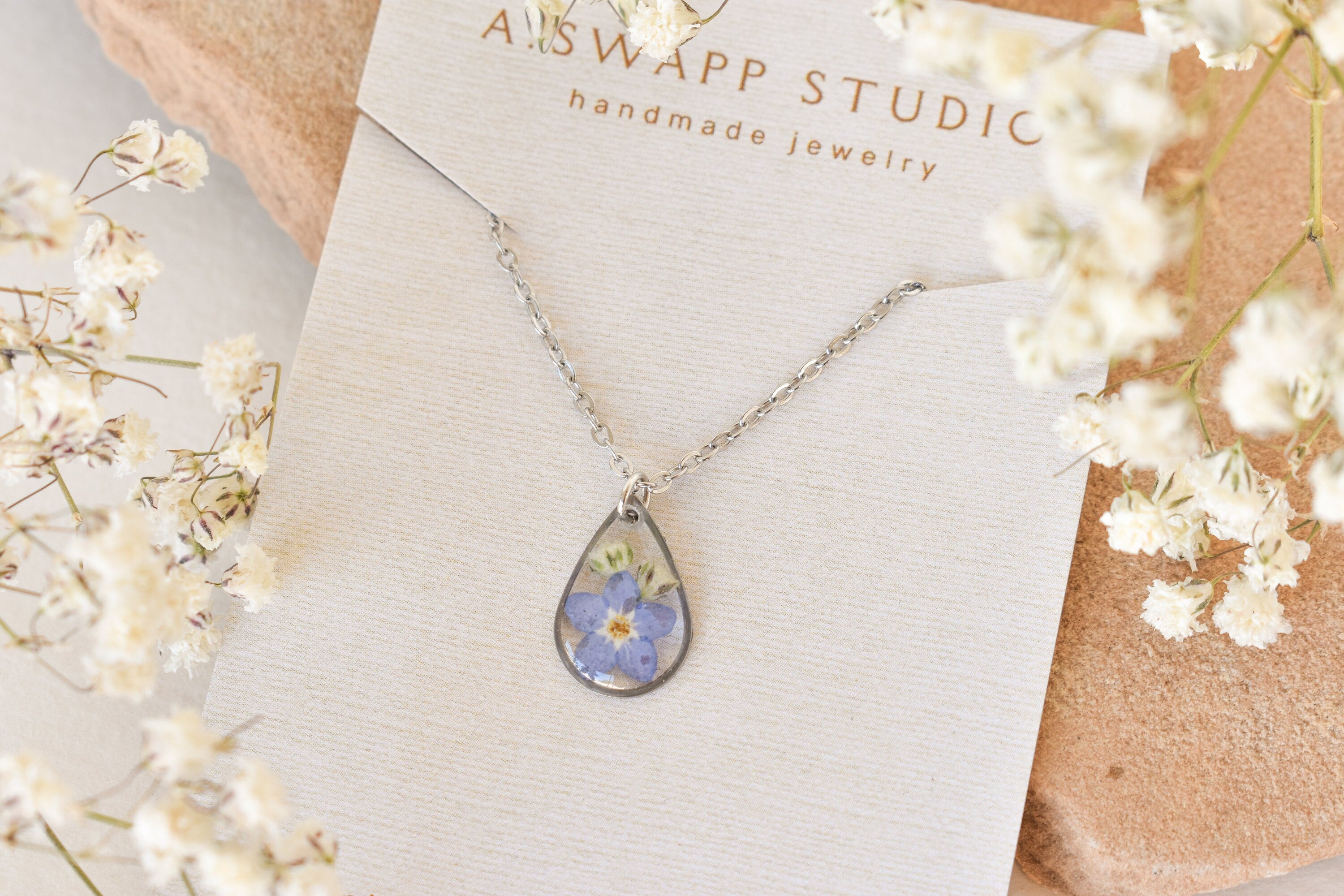 Miscarriage Gift for Mothers Forget Me Not Flower Necklace: Silver Teardrop Resin Pendant
