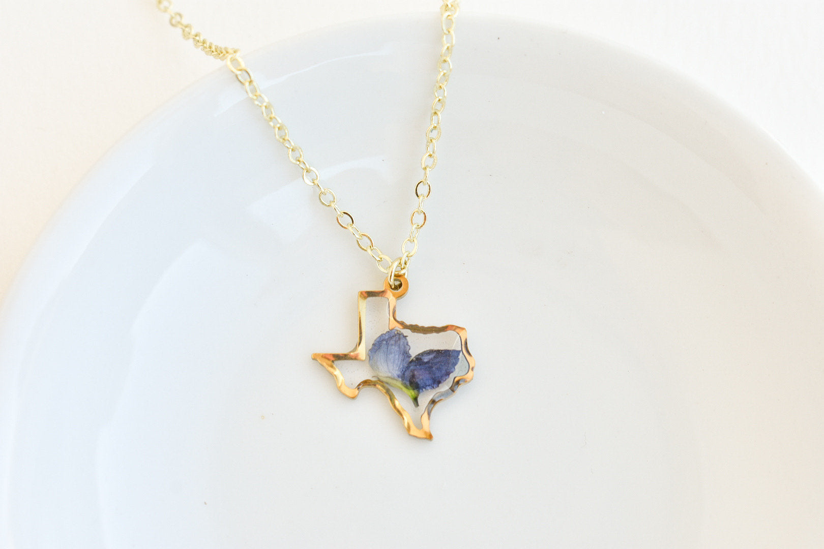 Texas shaped necklaces with state flower, bluebonnets, handmade gift in resin