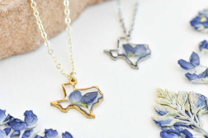 Texas shaped necklaces with state flower, bluebonnets, handmade gift in resin