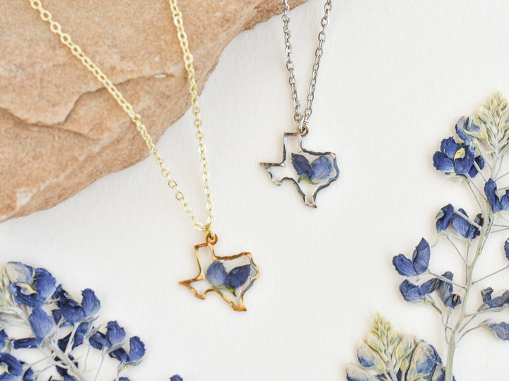 Texas shaped necklaces with state flower, bluebonnets, handmade gift in resin