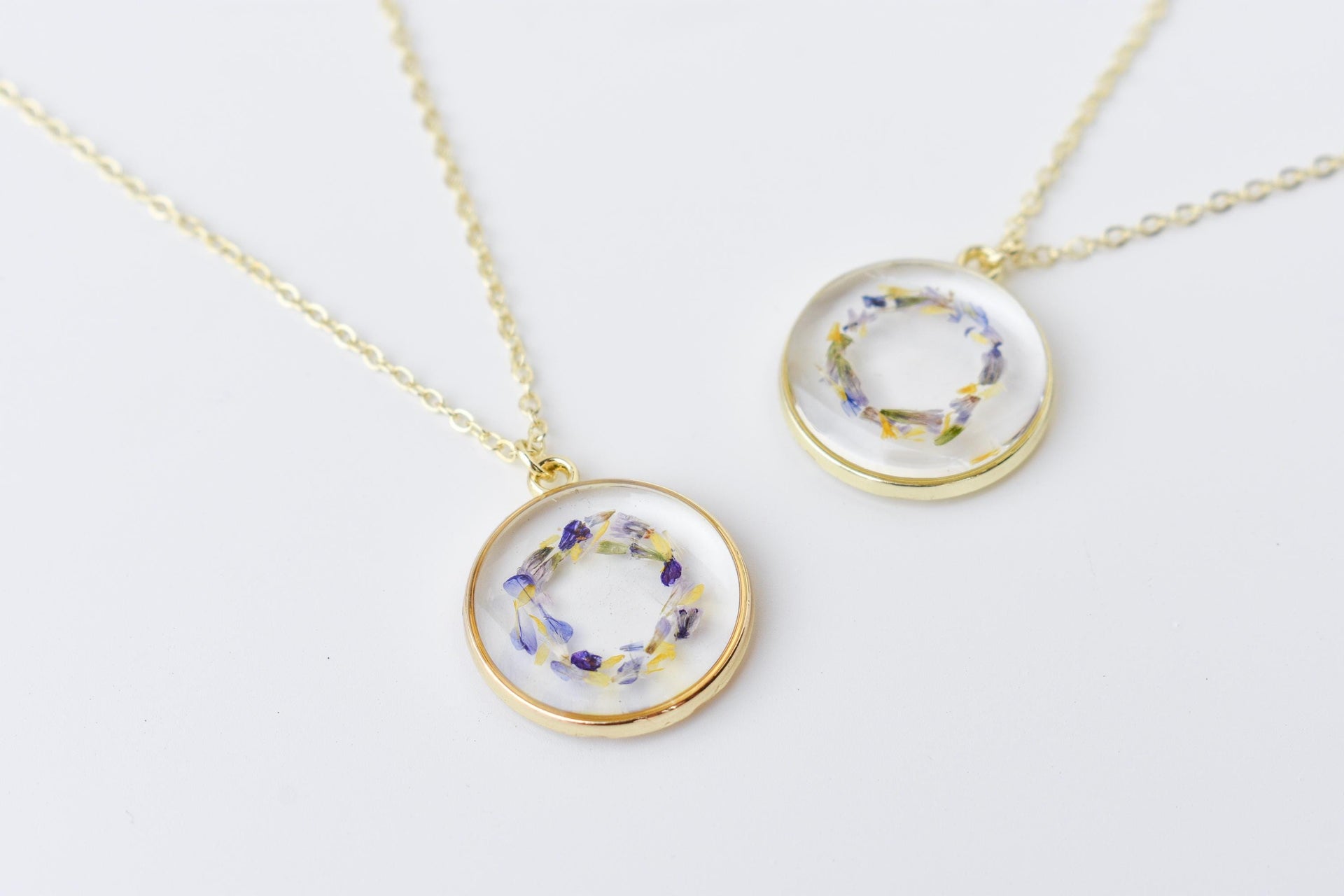 Custom Gender Reveal Pressed Flower Necklace: Gold Resin Jewelry