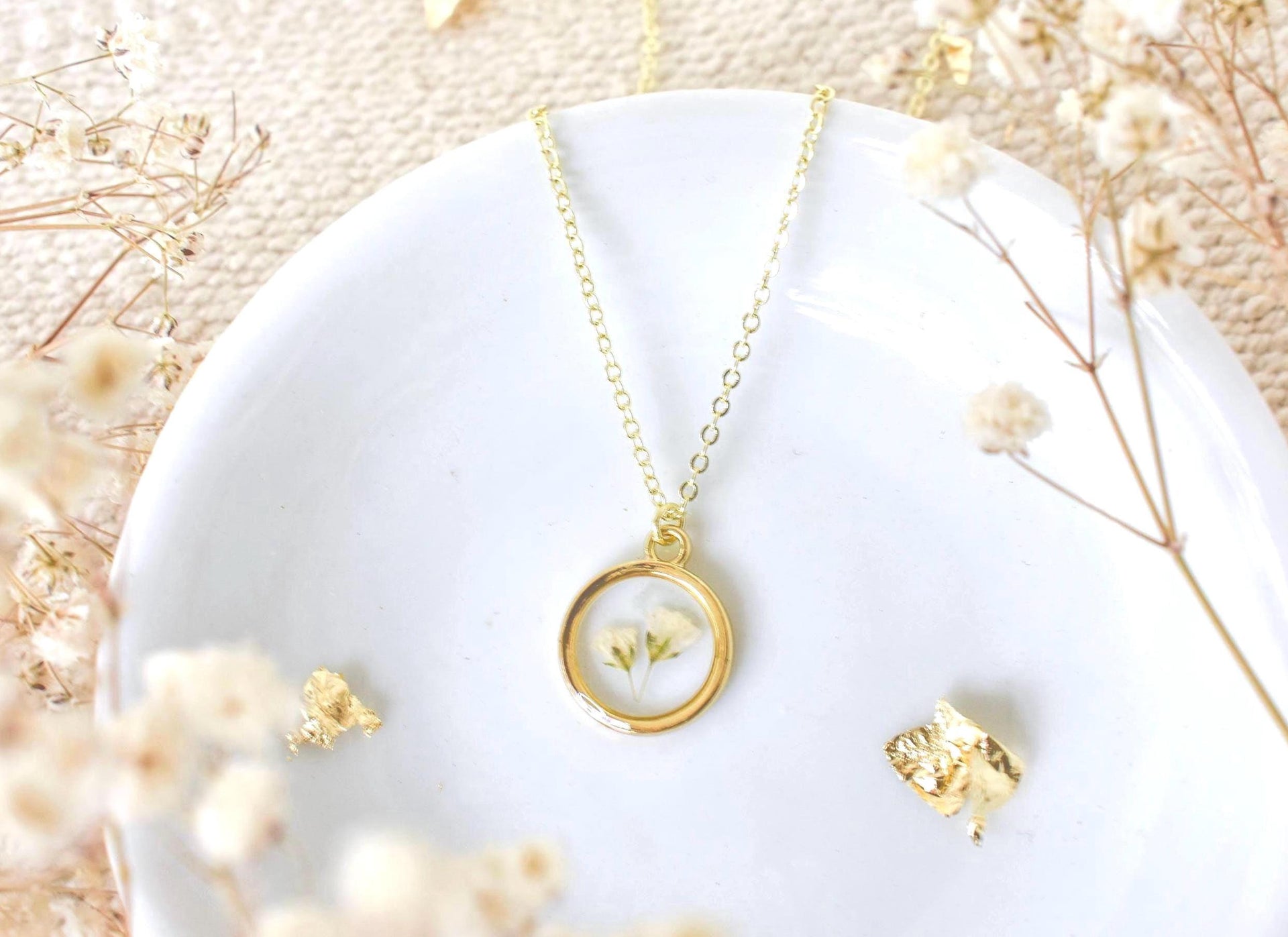 Personalized Pressed Flower Necklace: Personalized Gold Bridal Custom Resin Jewelry