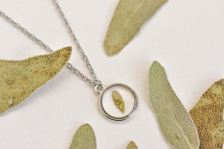 Sage Necklace – Handmade Resin Herb Pendant, Symbolic Jewelry of Wisdom, Healing, and Protection, Real Garden Sage Jewelry
