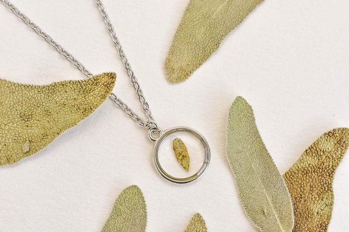 Sage Necklace – Handmade Resin Herb Pendant, Symbolic Jewelry of Wisdom, Healing, and Protection, Real Garden Sage Jewelry
