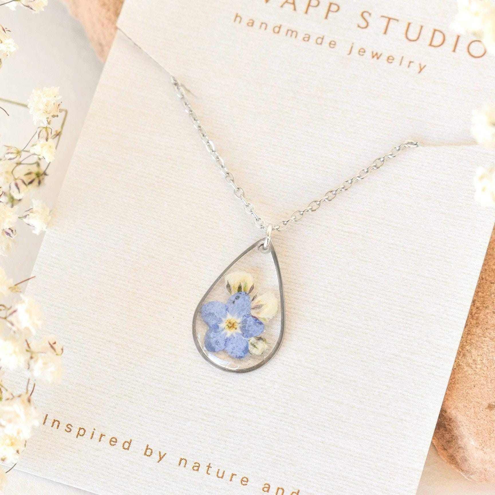 Miscarriage Gift for Mothers Forget Me Not Flower Necklace: Silver Teardrop Resin Pendant
