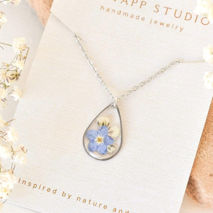 Miscarriage Gift for Mothers Forget Me Not Flower Necklace: Silver Teardrop Resin Pendant