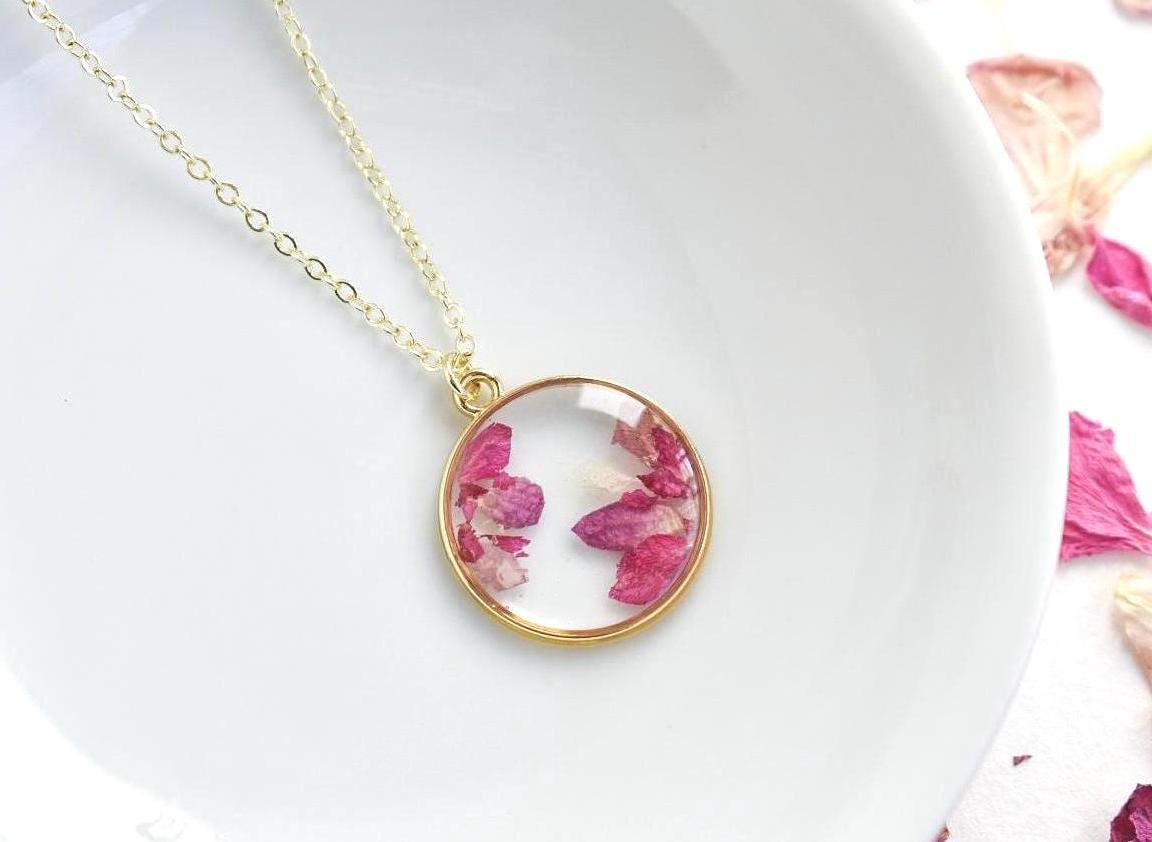 Custom Gender Reveal Pressed Flower Necklace: Gold Resin Jewelry