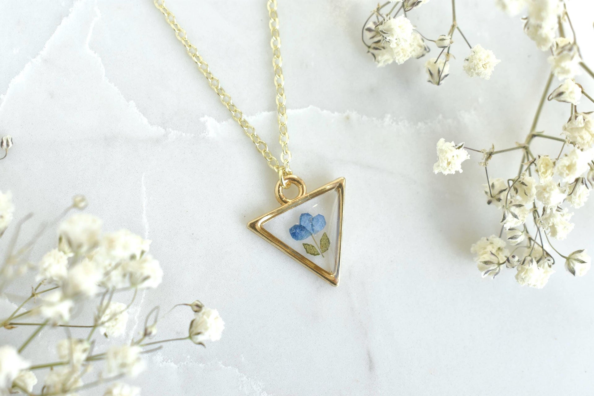 Custom Pressed Flower Resin Necklace – Small Triangle or Circle Pendant – Personalized Jewelry Gift for Her or Bridesmaids
