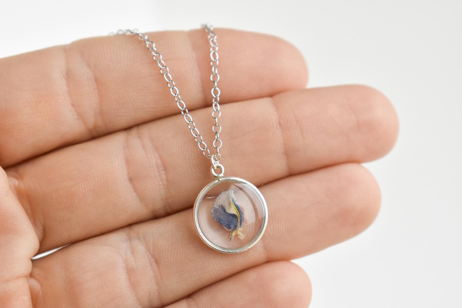 Texas Bluebonnet Flower Waterproof Necklace | Handmade with Real Pressed Flowers l Sterling Silver