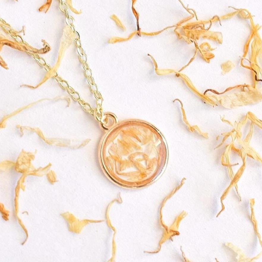 Calendula Necklace – Handmade Resin Herb Pendant, Symbolic Jewelry of Joy, Hope, and Love, Real Pressed Garden Flower Jewelry