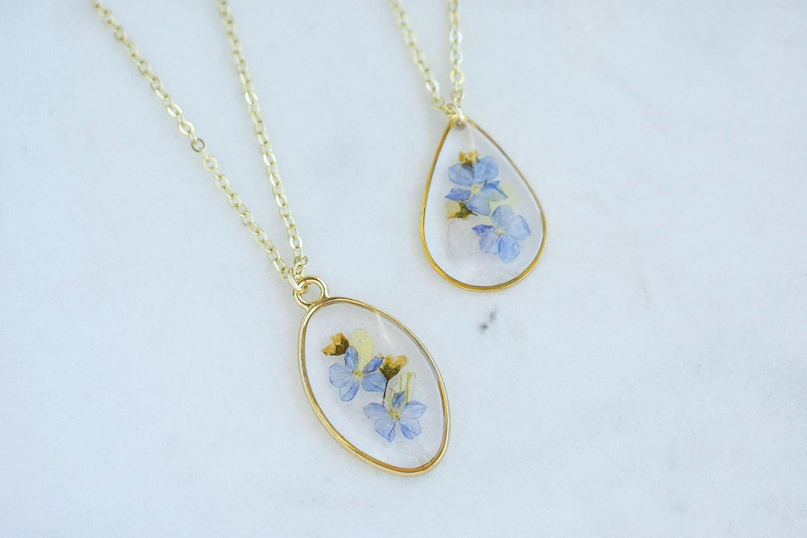 Custom Wedding Jewelry Set, Handmade Resin Necklace and Earrings with Pressed Flower Bridal Bouquet