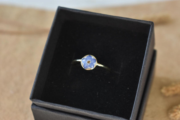 14k Gold Filled Forget Me Not Ring, Handmade Flower Resin Jewelry, Gift for Her, Mothers, Friends, etc.