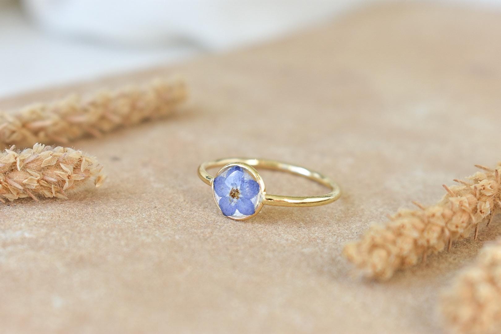 14k Gold Filled Forget Me Not Ring, Handmade Flower Resin Jewelry, Gift for Her, Mothers, Friends, etc.