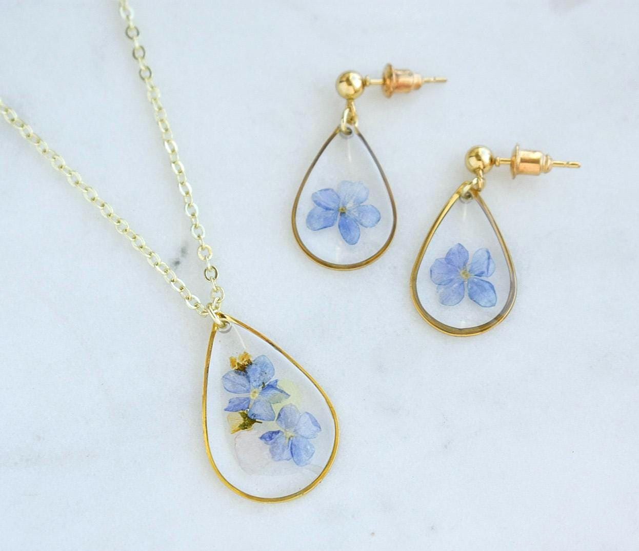 Custom Wedding Jewelry Set, Handmade Resin Necklace and Earrings with Pressed Flower Bridal Bouquet