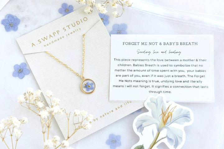Gold Filled Miscarriage Necklace • Forget Me Not & Baby’s Breath Jewelry • Waterproof Pregnancy Loss Remembrance Gift, Gift for Mothers