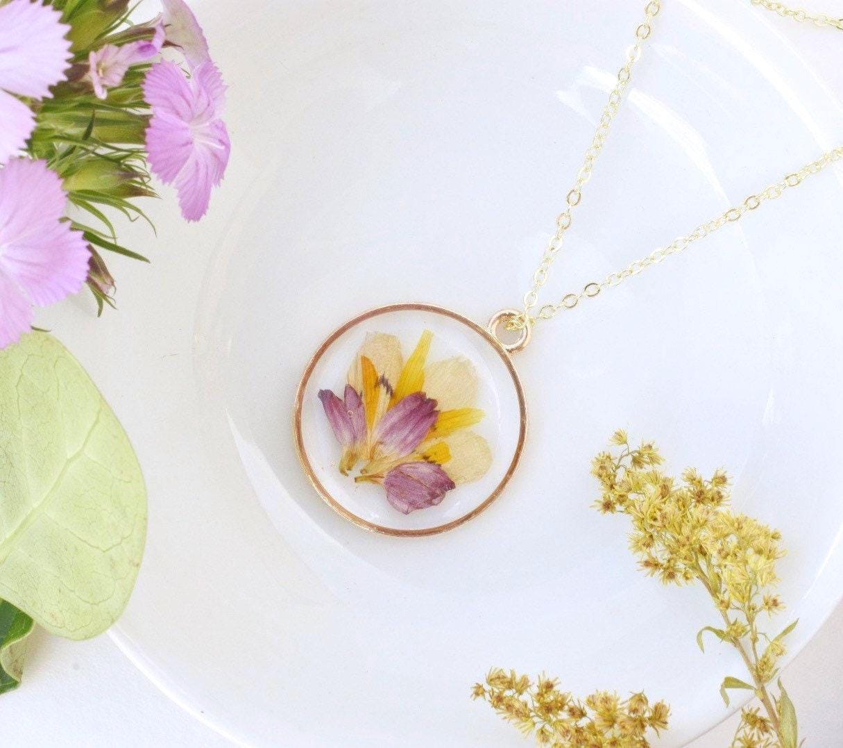 Custom Pressed Flower Resin Necklace: Funeral Keepsake, Gifts for Grief
