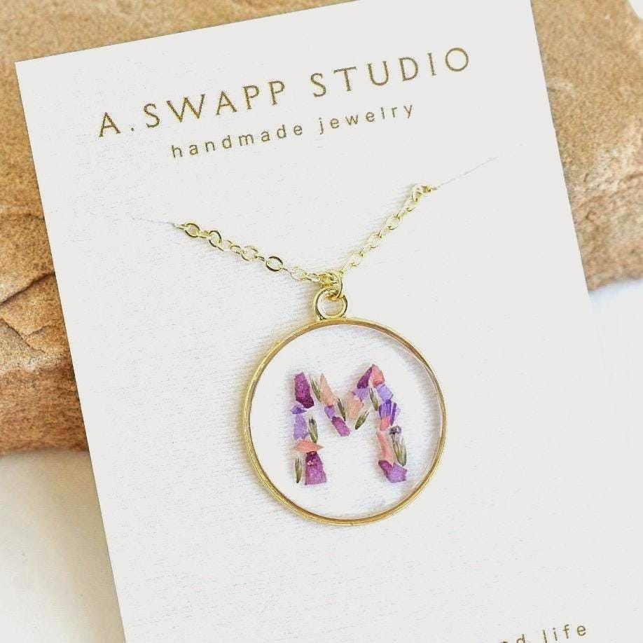 Custom Initial Resin Necklace: Handmade Pressed Flower Petal Keepsake