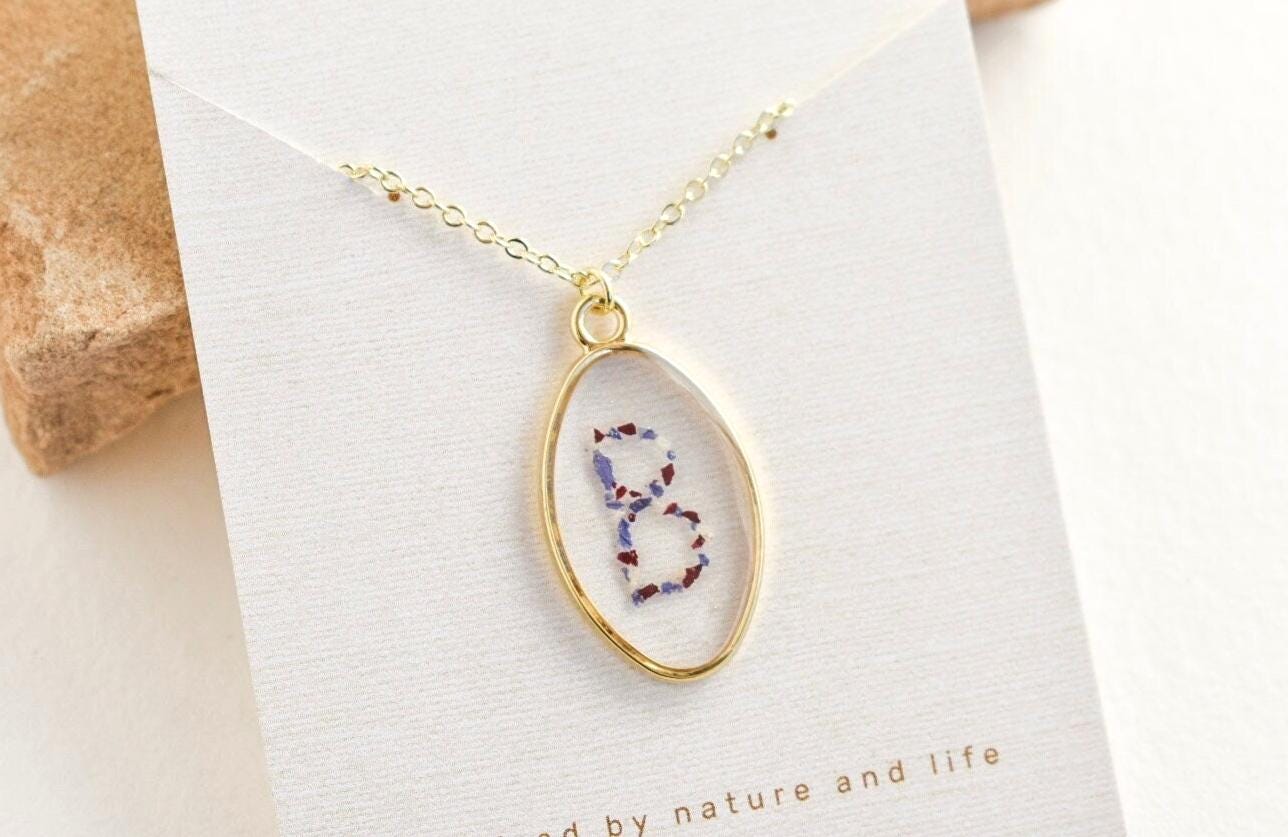 Custom Initial Resin Necklace: Handmade Pressed Flower Petal Keepsake