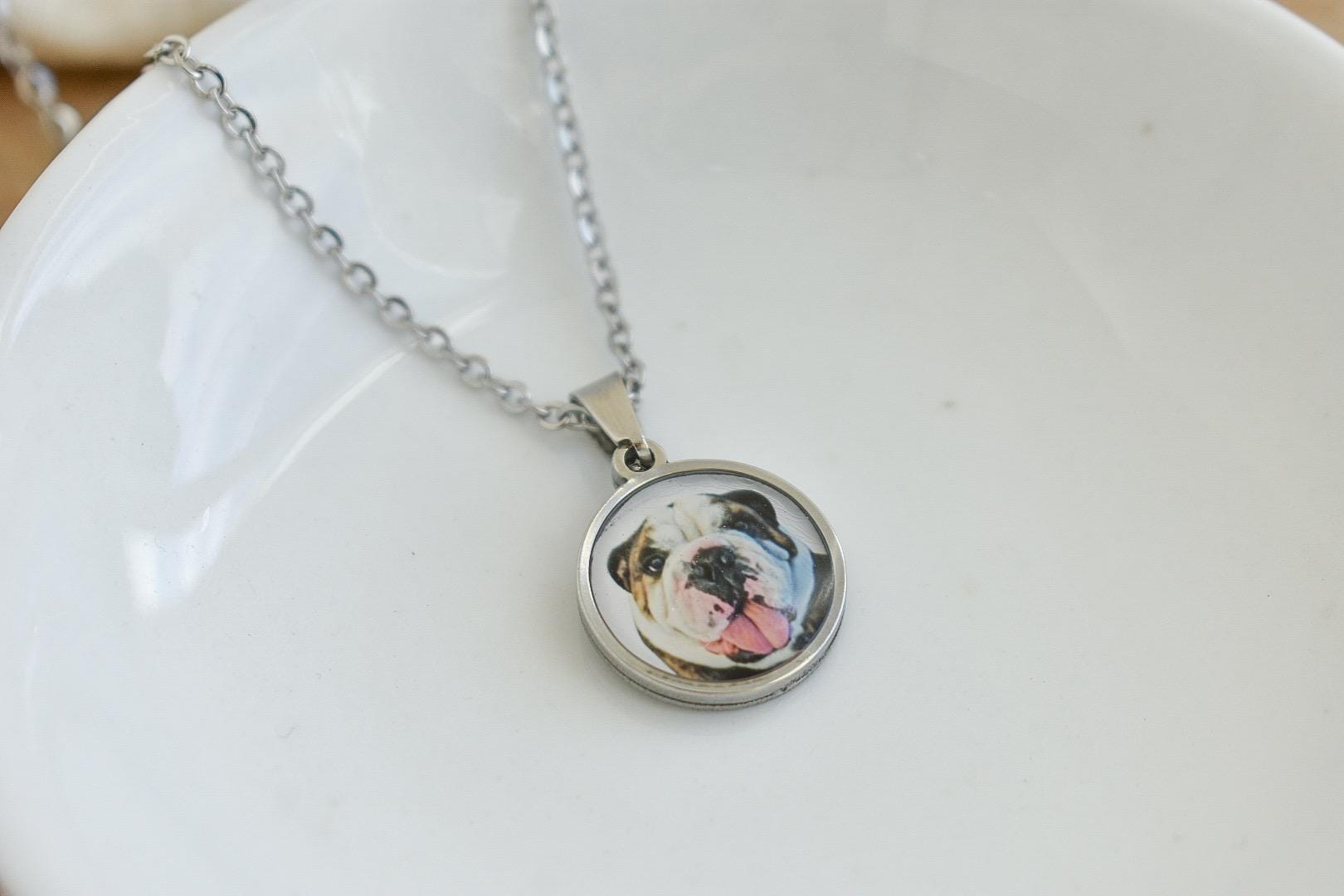 Custom Bulldog Photo Necklace – Personalized Gift Pet Portrait Jewelry – Keepsake for Bulldog Owners