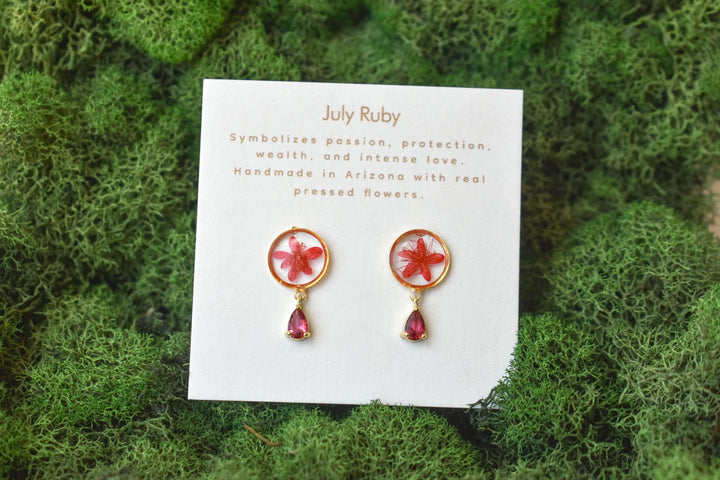 Handmade July Birth Month Gemstone and Flower Dangle Earrings